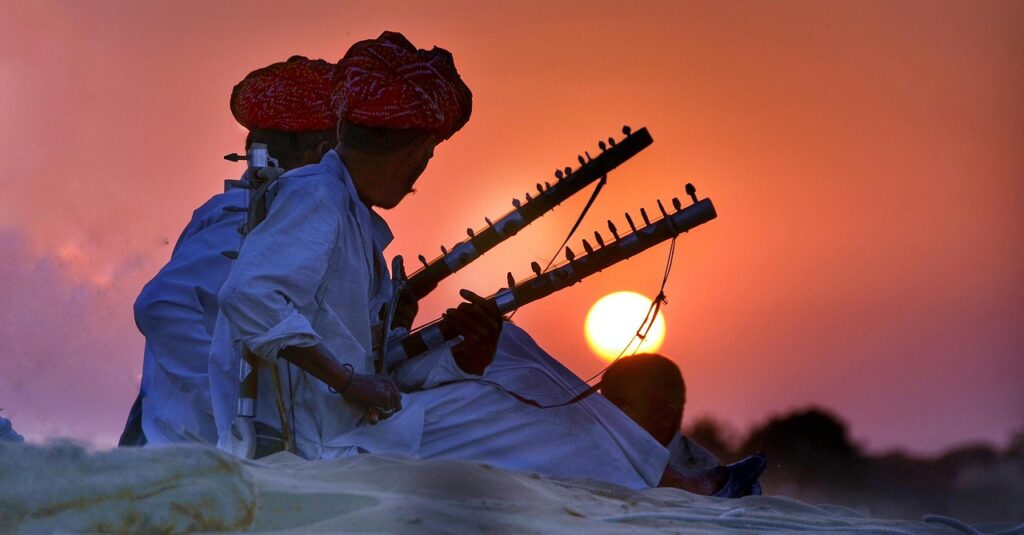 rajasthan, camel, safari, india, sunset, entertainers, music, indian, instruments, sun, nature, outdoors, silhouette, evening, travel, tourism